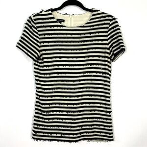 Talbots Black Off White Stripe Sequin Fringe Short Sleeve Top Sweater Shirt XS